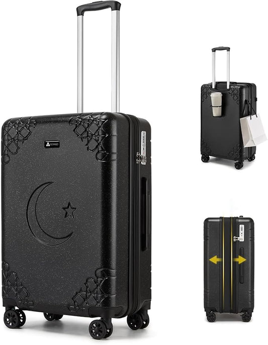 Somago Expandable Carry On luggage with Shock-Absorbing Braking Spinner Wheels Moon Star Design Hard Shell Suitcase with Cupholder TSA Lock (Black,Expandable 20 Inch)