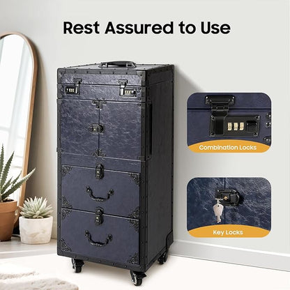 Beauty Rolling Makeup Train Case, Professional Lockable Rolling Salon Luggage, Retro-Rolling Cart Storage Organizer Trolley Make Up Case, 4 Universal Wheels, Retractable Rod, Buckle (Blue)