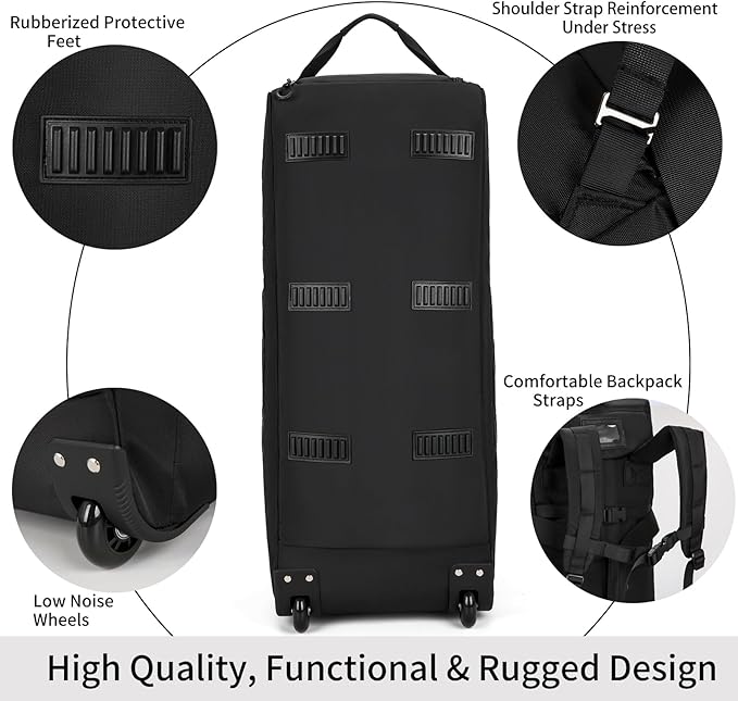 80L Waterproof Rolling Duffel Bag with Quick-Release Straps, Military Tactical Wheeled Foldable For Deployment Traveling Camping Sporting (Black+Drawstring bag)