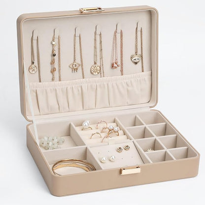 Leather Jewelry Box with Lock Small Jewelry Chest for Women Gift Box for Necklace, Ring, Earring Storage Portable Design Apricot