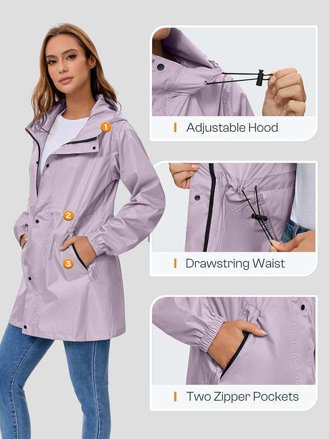 SaphiRose Women's Lightweight Long Rain Jacket Packable Raincoat Hooded Outdoor Trench Coats