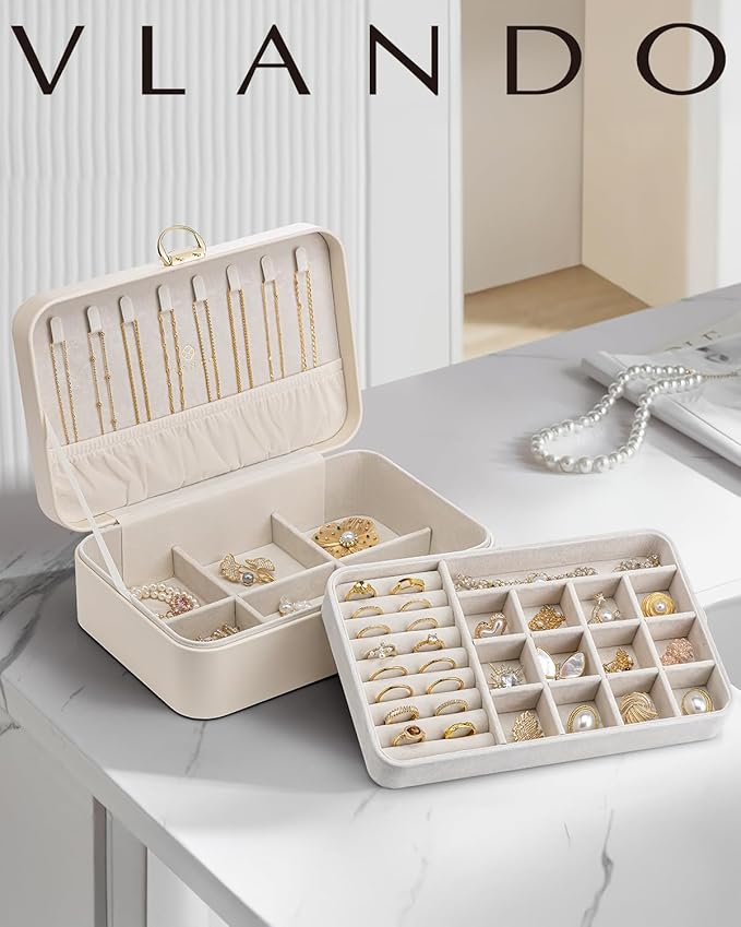 Vlando Jewelry Box Organizer for Women Girls, 2 Layer Jewelry Case with Lock,Jewelry Storage Earrings Necklace,Rings,Gift for Teachers Wedding Birthday Gifts-Cream White