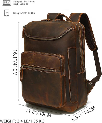 LANNSYNE Vintage Genuine Leather 16" Laptop Backpack For Men Hiking Travel Bag Camping Rucksack