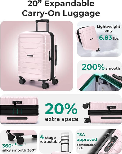 BAGSMART Carry On Luggage 22x14x9 Airline Approved with Spinner Wheels,Lightweight 20 Inch Luggage with TSA Lock,Expandable Hard Shell Carry On Suitcases for Men Women,Pink