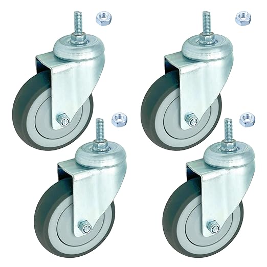 4 inch Swivel Caster Wheels Heavy Duty, 3/8"-16x1 Threaded Stem Casters Set of 4, TPR Rubber Wheels for Hospital, Lab, Furnitures,Restaurant