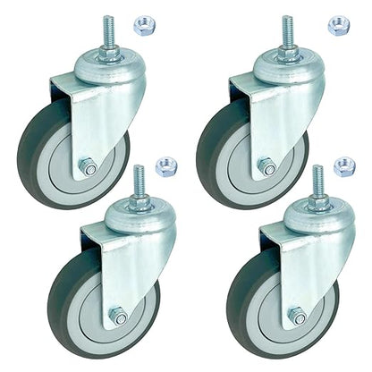 4 inch Swivel Caster Wheels Heavy Duty, 3/8"-16x1 Threaded Stem Casters Set of 4, TPR Rubber Wheels for Hospital, Lab, Furnitures,Restaurant