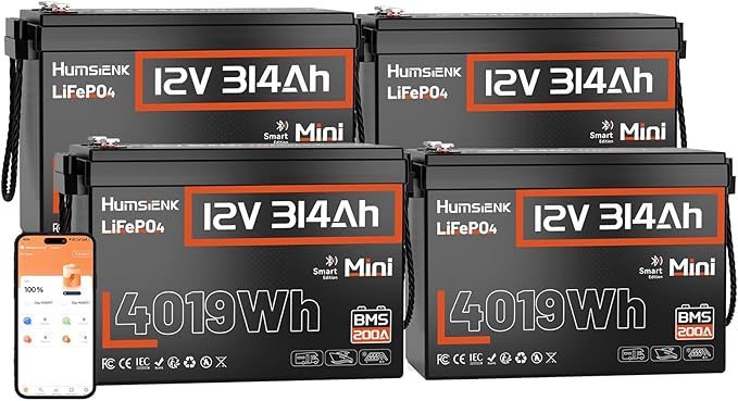 48V 314Ah (4 Pack 12V 314Ah) LiFePO4 Lithium Battery Max. 4019Wh Energy, 15000+ Deep Cycles,200A BMS with Bluetooth, Lithium Iron Phosphate Rechargeable Battery Great for RV, Marine and Off Grid
