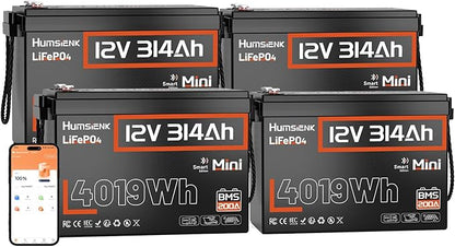 48V 314Ah (4 Pack 12V 314Ah) LiFePO4 Lithium Battery Max. 4019Wh Energy, 15000+ Deep Cycles,200A BMS with Bluetooth, Lithium Iron Phosphate Rechargeable Battery Great for RV, Marine and Off Grid
