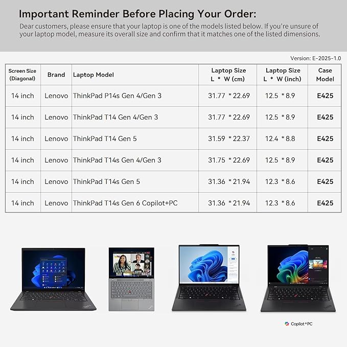 Smatree 14 inch Laptop Sleeve for Lenovo ThinkPad T14 Gen 3/4/5, for ThinkPad T14s Gen 3/4/5/6 Copilot+PC, for ThinkPad P14s Gen 3/4 Laptop Bag with Accessory Pocket, YKK Zipper (E425)