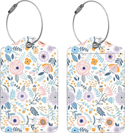 2 Pcs Luggage Tags for Suitcase, Cute Unique PU Leather Travel Bag Tag with Privacy Cover ID Label Address Card and Durable Metal Ring Suitable for Men Women Children Backpack,Colorful Flowers A
