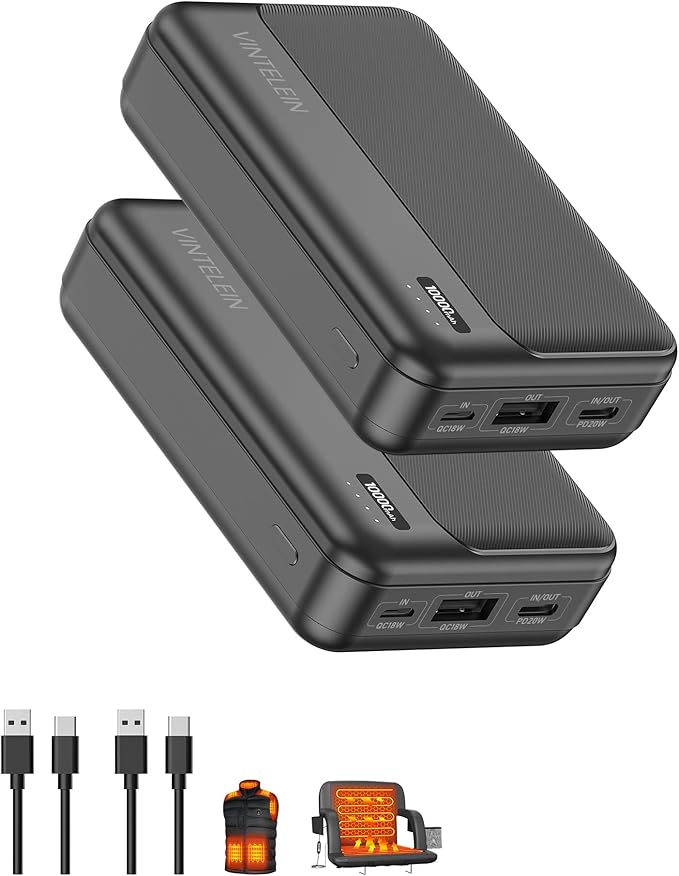 2-Pack 5V 2A Heated Vest Battery Pack Ultra-Compact Small 10000mAh Power Bank for Burngogo/Rrtizan/Soleilwear/Yolikeb Tidewe/Kovnlo Electric Heating Jacket/Stadium Seat Cushion/Coat/Blanket