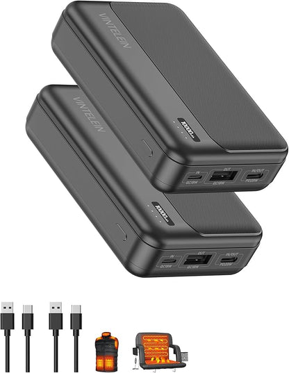 2-Pack 5V 2A Heated Vest Battery Pack Ultra-Compact Small 10000mAh Power Bank for Burngogo/Rrtizan/Soleilwear/Yolikeb Tidewe/Kovnlo Electric Heating Jacket/Stadium Seat Cushion/Coat/Blanket