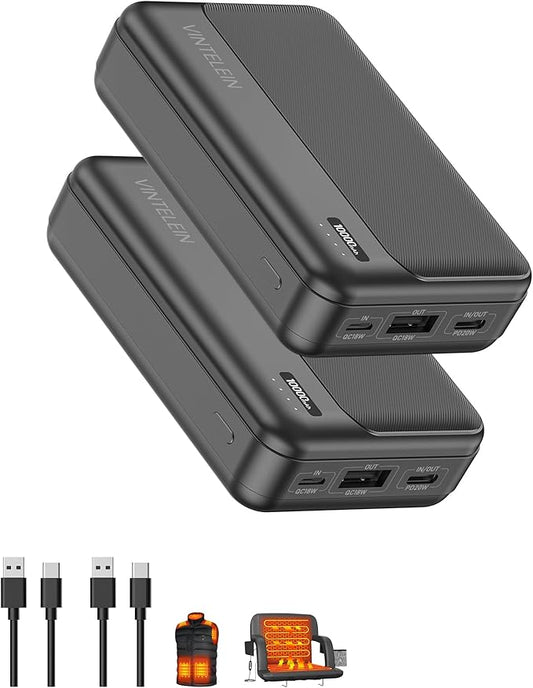 2-Pack 5V 2A Heated Vest Battery Pack Ultra-Compact Small 10000mAh Power Bank for Burngogo/Rrtizan/Soleilwear/Yolikeb Tidewe/Kovnlo Electric Heating Jacket/Stadium Seat Cushion/Coat/Blanket