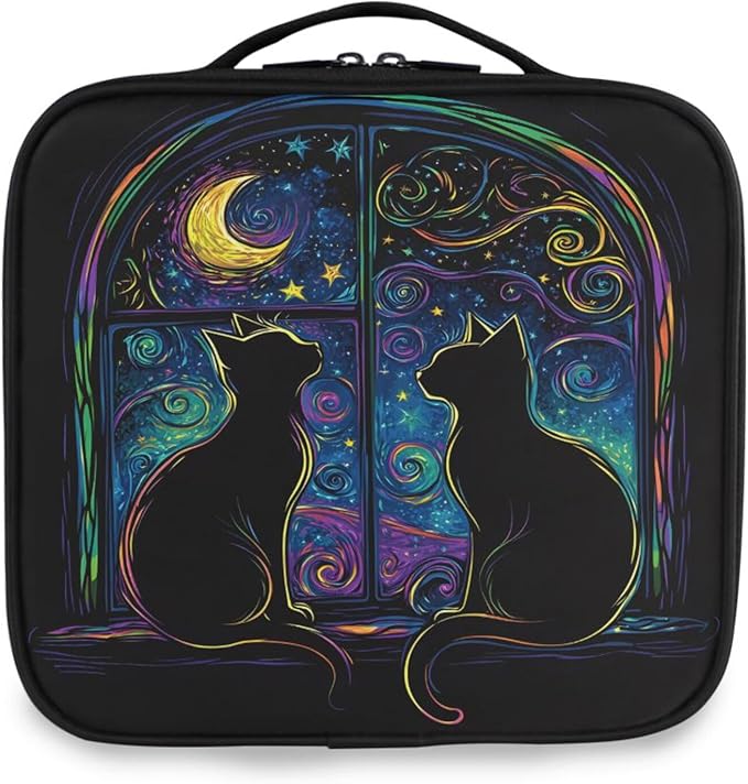 MNSRUU Travel Makeup Bag, Two Black Cats in A Window Women Makeup Case Organizer Cosmetic Toiletry Bag for Teenage Girl with Adjustable Dividers