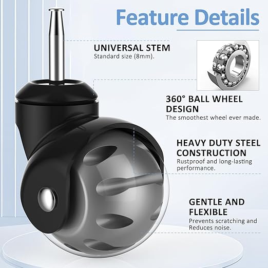 2 Inch Ball Caster Wheels - Stem Casters Set of 4,Heavy Duty 1200 LBS,360° Swivel,Non Marking Polyurethane,Black Replacement Castors for Furniture, Cabinet, Cart,Coffee Table (Grey)