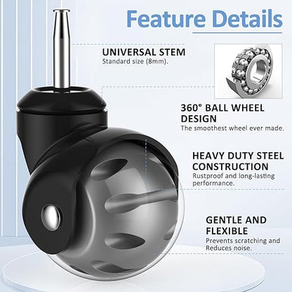 2 Inch Ball Caster Wheels - Stem Casters Set of 4,Heavy Duty 1200 LBS,360° Swivel,Non Marking Polyurethane,Black Replacement Castors for Furniture, Cabinet, Cart,Coffee Table (Grey)