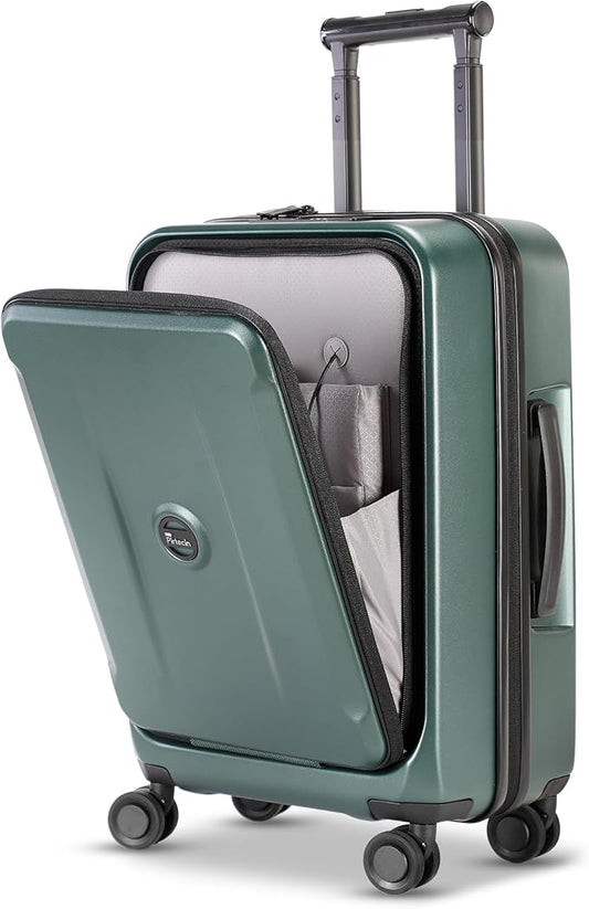 Carry On Luggage with Front Pocket & USB Port, PC Hardside 20 Inch luggage with Spinner Wheels & Built-in TSA Lock, Durable Lightweight Rolling Suitcase, Carry-On 20-Inch, Green