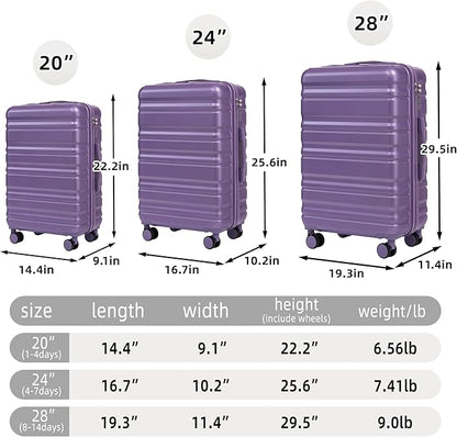 Campfun 3 Piece Luggage Sets, ABS Suitcase Set with Double Spinner Wheels Hang Hook, Durable Carry On Luggage with Combination Lock, 20/24/28 inch, Purple