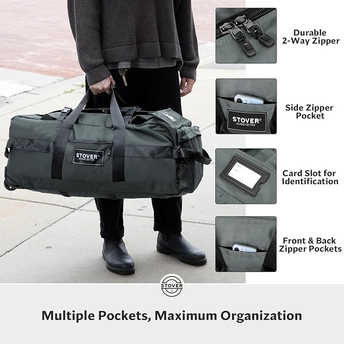 STOVER 80L Rolling Duffel Bag with Wheels, Extra Large 31 Inch Durable Travel Duffle Bag- Rugged, Collapsible, Rollable Design w/Shoulder Straps- Use as Luggage or Backpack for Men/Women (Grey)