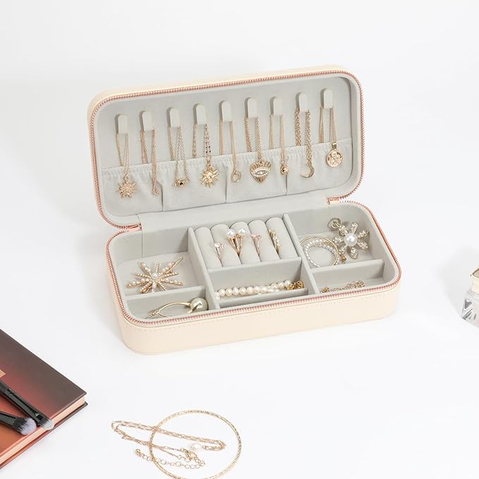 Travel Jewelry Box Jewelry Organizer for Travel Jewellery Organizers Box Jewelry Box for Women on Hallowmas Christmas Valentine's Birthday Beige