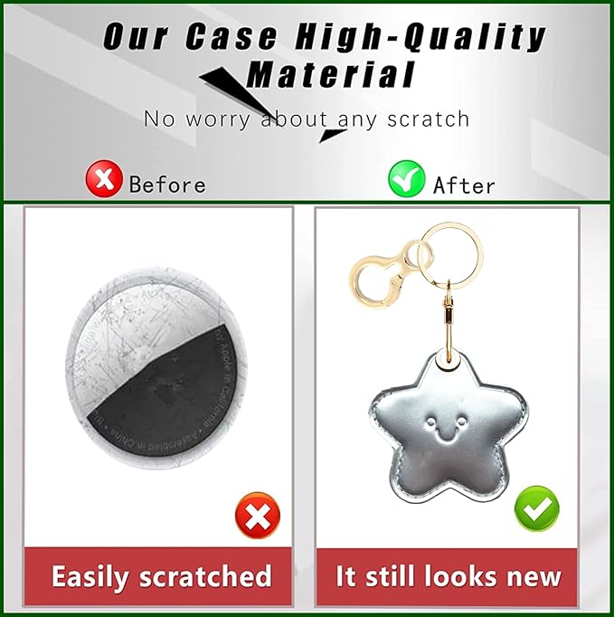 Shiny Leather Charm Keychain Holder Case Compatible with AirTag,Cute Protective Cover with Keyring,Anti-Scratch Finder GPS Tracker Case for Wallet Keys,Bag,Pets(Star A)