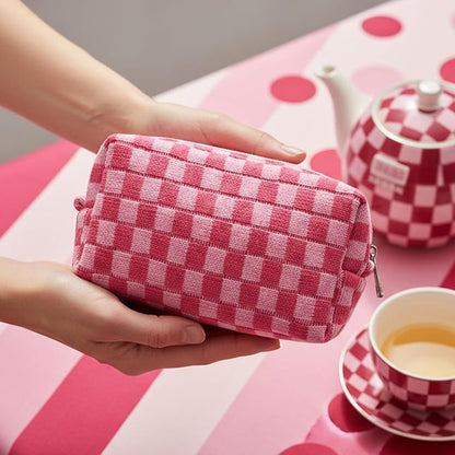 48 PACK Checkered Makeup Bag- Bulk Bridesmaid Proposal Gifts Makeup Pouch for Wedding Party Favors Bachelorette Party Decorations Toiletry Organizer Bag Cosmetic Case Gift (Pink)