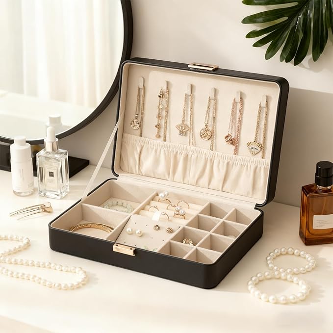 Jewelry Box Travel Jewelry Organizer Case for Women | Portable Storage for Earrings, Necklaces, Rings, Bracelets Gift Ready Box Black