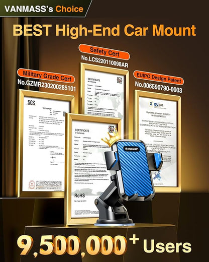 VANMASS【85+LBS Strongest Suction & Military-Grade Ultimate Car Phone Mount【Patent & Safety Certs】 Cell Phone Holder Truck for Dashboard Windshield Vent for iPhone 17 Pro Max 16 15 Desk Mounts, Blue