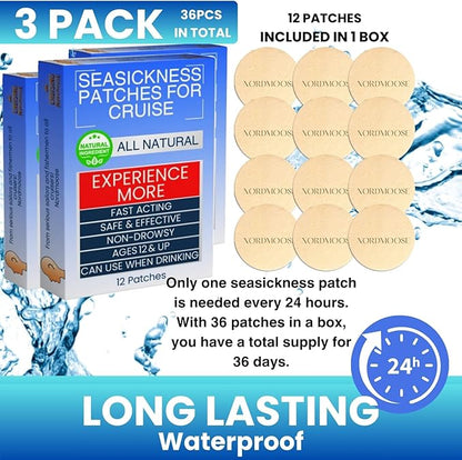 Sea Sickness Patches for Cruise - (3 Pack) - All Natural Motion Sickness Patches for Cruise - Non Drowsy Cruise Patches for Sea Sickness - Behind Ear Seasickness Patches for Cruise