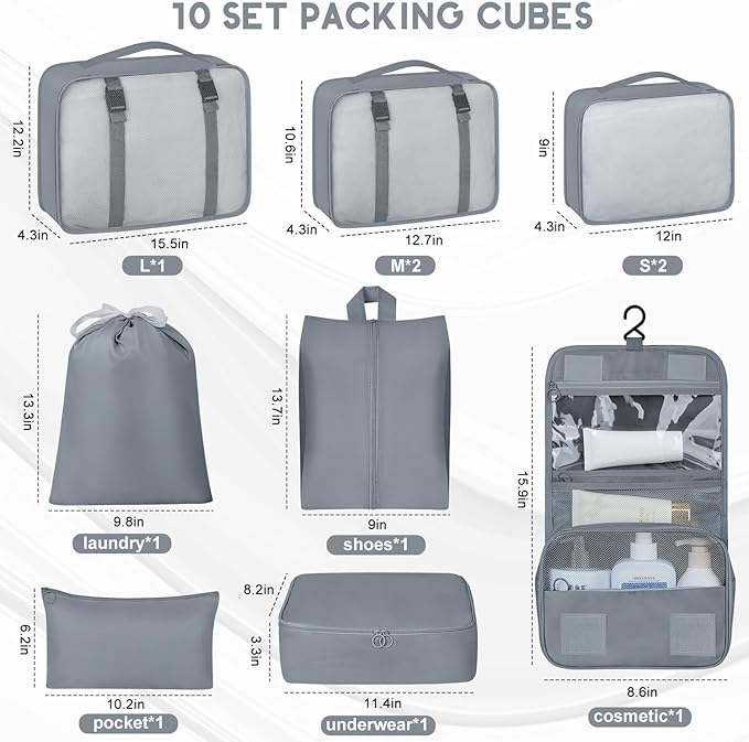10 Set Packing Cubes for Travel, Travel Organizer with Hanging Toiletry Bag and Shoe Bag, Luggage Organizer Bags for Travel Essentials Women Men