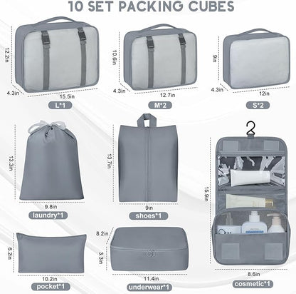 10 Set Packing Cubes for Travel, Travel Organizer with Hanging Toiletry Bag and Shoe Bag, Luggage Organizer Bags for Travel Essentials Women Men