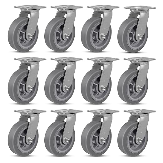 6 Inch Rubber Wheels (Flat Tread)- Heavy Duty Casters, Industrial Caster Wheels- with up to 1000 LB Capacity- Use for Dollies, Utility and Maintenance Carts(12 Swivel)