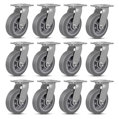 6 Inch Rubber Wheels (Flat Tread)- Heavy Duty Casters, Industrial Caster Wheels- with up to 1000 LB Capacity- Use for Dollies, Utility and Maintenance Carts(12 Swivel)
