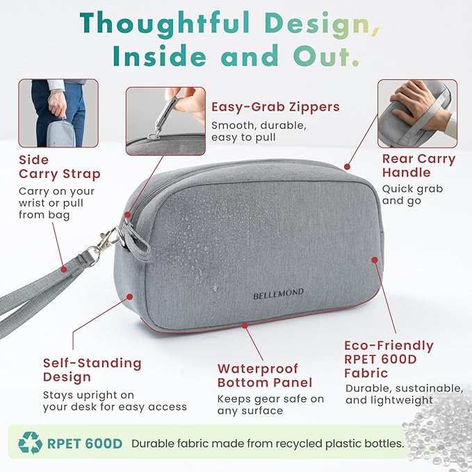 BELLEMOND「Totono+」| Cord Organizer Tech Pouch | Travel Electronics Organizer Case for Cables & Chargers | Hidden AirTag Slot & Cable Pass-Through | Designed in Japan | Bamboo Green