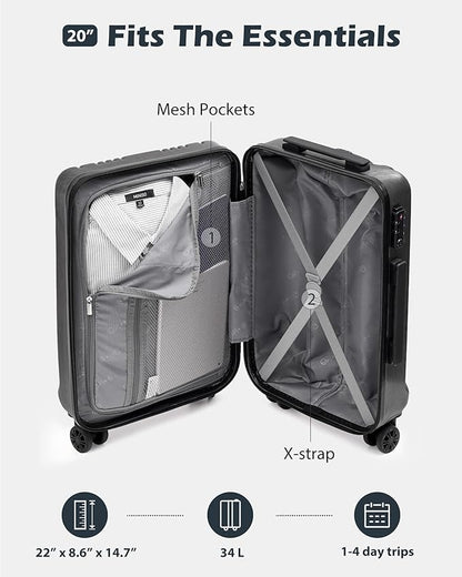 Coolife Luggage PC+ABS Hardshell Suitcase with TSA Lock, Spinner Carry On Lightweight (grey, S(20in_carry on))