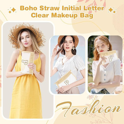 Personalized Initial Letter Bag Boho Straw Clear Makeup Bag,Small Cute Chenille Varsity Letter Pouch With Zipper,Beach Travel Toiletry,Portable Monogrammed Cosmetic Bag for Women Girls,P