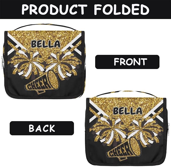Custom Name Toiletry Bag Travel Bag with Hanging Hook, Cheerleading Makeup Cosmetic Bag Travel Full Sized Container Organizer for Shampoo, Toiletries. Gold Sequins with Black