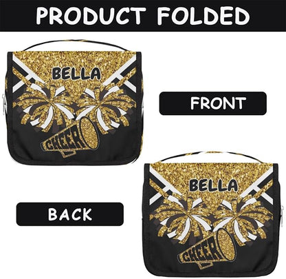 Custom Name Toiletry Bag Travel Bag with Hanging Hook, Cheerleading Makeup Cosmetic Bag Travel Full Sized Container Organizer for Shampoo, Toiletries. Gold Sequins with Black