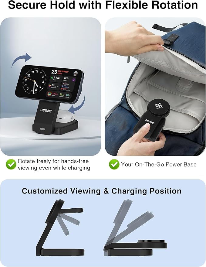 Wireless Charger for Apple MagSafe, Foldable 3 in 1 Wireless Charging Station Magnetic Charger Stand for iPhone 17/16/15/14/13/12 Series/Apple Watch10-2/Airpods (Black)
