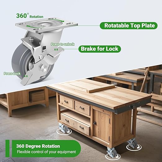Nefish 4 Inch Heavy Duty Casters Wheels, Industrial Grade Thermoplastic Rubber Casters with Brake 2500 LBS, Ball Bearing Plate Swivel Castors Set of 4, Casters Wheels for Furniture, Cabinet, Table