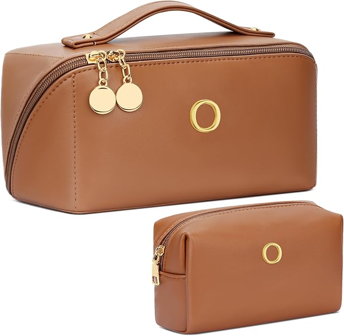 Birthday Gifts for Women Teen Girl, Personalized Initial Makeup Organizer Bag Set, Open Flat Travel Cosmetic Bag With Clear Divider and Handle(Brown,O)
