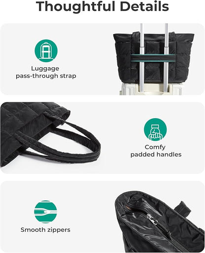 BAGSMART Expandable Tote Bag for Women, Puffer Work Tote Handbag, Quilted Carry On Bag for Travel Gym