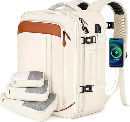 Vancropak Travel Backpack for Women, Airline Approved Carry On Backpack with 3 Packing Cubes, Expandable Large 40L Travel Bag fits 17" Laptop, Anti Theft Luggage Suitcase Weekend Daypack, White Brown