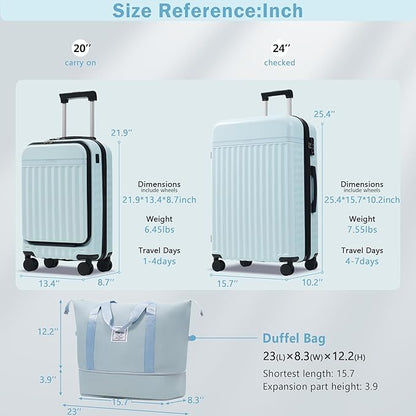 Merax Luggage Sets 3 Piece,Front Open Hardshell Expandable Suitcase with Spinner Wheels and Duffel Bags,Lightweight Carry on Luggage with USB Port,20/24IN,Light Blue