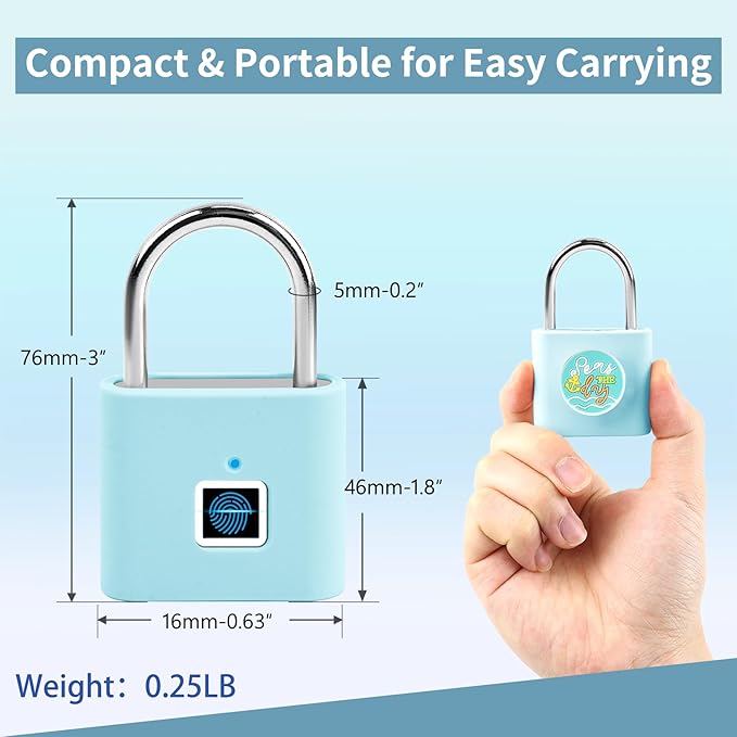 UMIKSMART Biometric Smart Lock, Keyless Fingerprint Padlock with USB Charging,Smart Padlock Gift for Students, Gym Lockers, School Lockers, Luggage, Storage Boxes, Fences, Backpacks, Fun Blue Set