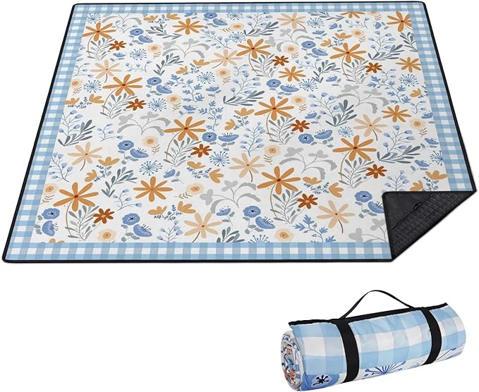 Extra Large Picnic Outdoor Blanket 80''x80'' Blue Plaid Flowers Waterproof and Sandproof Picnic Mat for Beach Foldable Camping Accessories for Grass Lawn Park