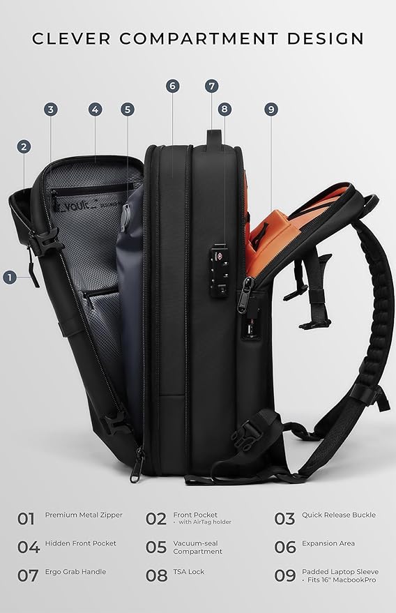 AirVault Vacuum Seal Travel Backpack 60L with Expandable Vortex Air Compression Vacuum System Water Resistant TSA Lock (Vacuum Pump Included, Black, 60L)