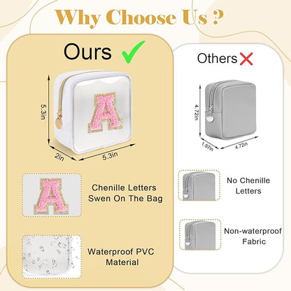 Personalized Initial Letter Clear Preppy Makeup Bag,Mini Nylon Chenille Letter Cosmetic Bag Cute Zipper Pouch Purse for Teen Girls,Portable TSA Approved Beach Travel Essentials Bag Gift for Women,T
