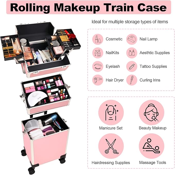 Rolling Makeup Case, Cosmetology Case on Wheels with Large Storage, Durable Design, Ideal Gift for Makeup Artists, Hairstylists, Nail Techs, Portable Beauty Organizer for Travel or Salon Use, Pink