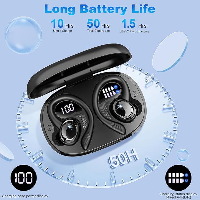 Wireless Earbuds Sport, New Bluetooth 5.4 Headphones with Earhooks, 50H Stereo Deep Bass Over Ear Buds with 4 ENC Noise Canceling Mics, IP7 Waterproof Earphones for Running Workout Gym -Black